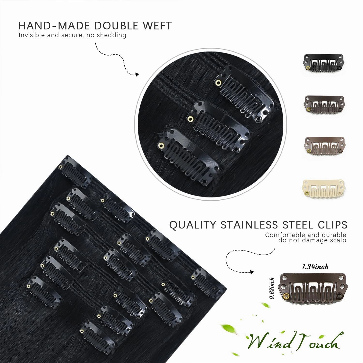 WindTouch Clip in Hair Extensions Real Human Hair Black Hair Extensions #1 Jet Black Soft Hair Extensions Clip Ins (120g 14Inch 7PCS) Straight Clip In Hair Extensions Black Women