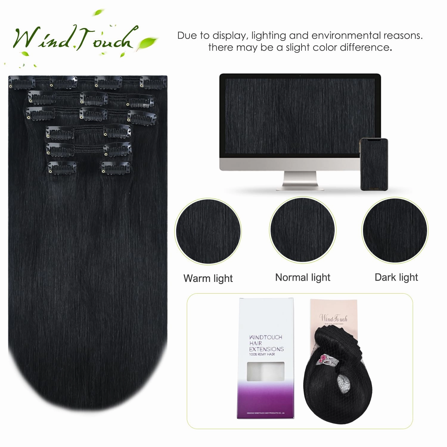 WindTouch Clip in Hair Extensions Real Human Hair Black Hair Extensions #1 Jet Black Soft Hair Extensions Clip Ins (120g 14Inch 7PCS) Straight Clip In Hair Extensions Black Women