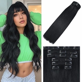 WindTouch Clip in Hair Extensions Real Human Hair Black Hair Extensions #1 Jet Black Soft Hair Extensions Clip Ins (120g 14Inch 7PCS) Straight Clip In Hair Extensions Black Women