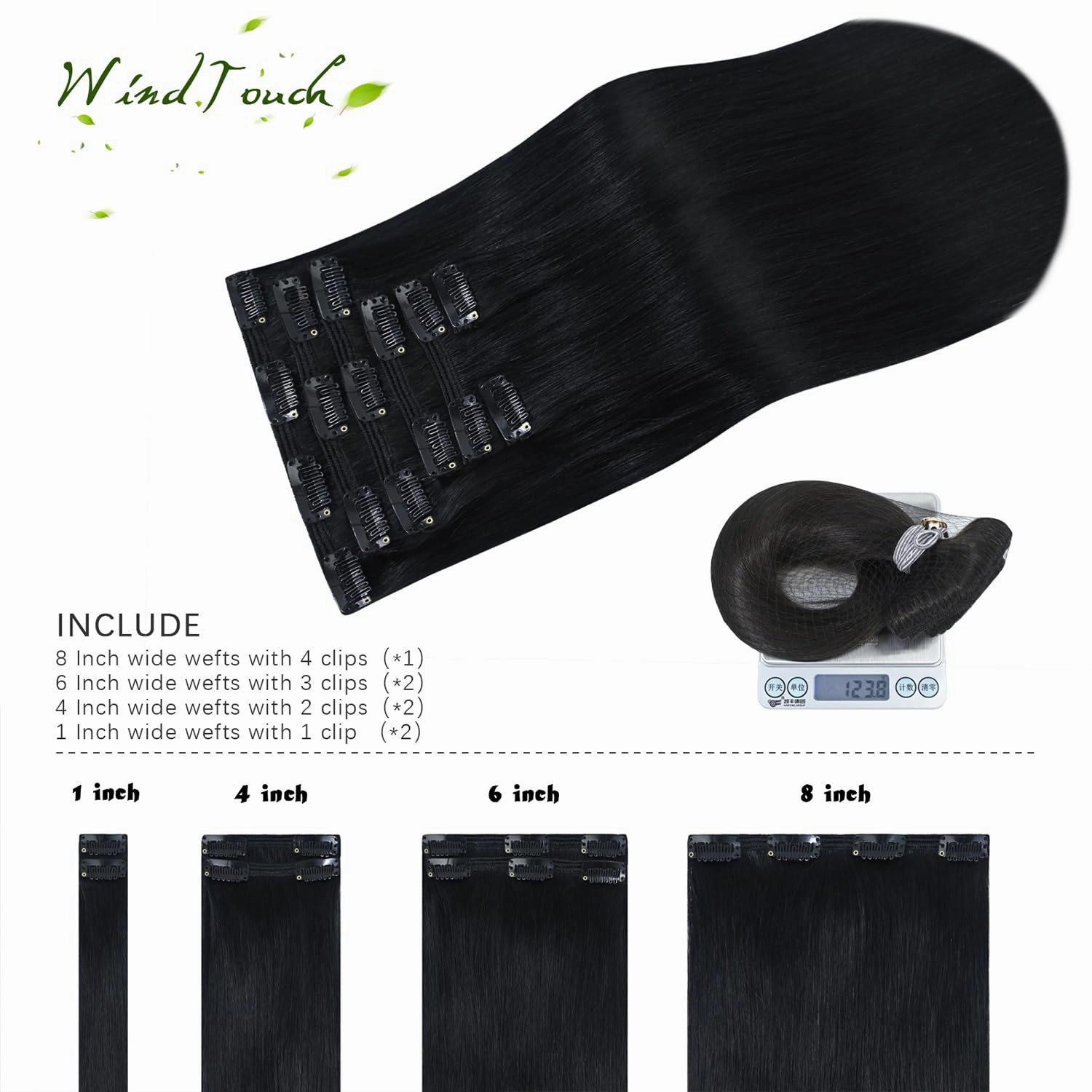 WindTouch Clip in Hair Extensions Real Human Hair Black Hair Extensions #1 Jet Black Soft Hair Extensions Clip Ins (120g 14Inch 7PCS) Straight Clip In Hair Extensions Black Women