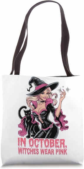 Witches Wear Pink October Breast Cancer Awareness Halloween Tote Bag