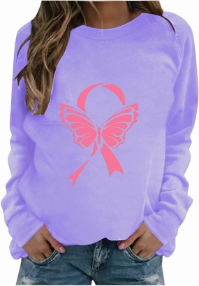 Women's Breast Cancer Awareness Top Long Sleeve Ribbon Butterfly Graphic Tee Crewneck Sweatshirts Casual Blouse 2024