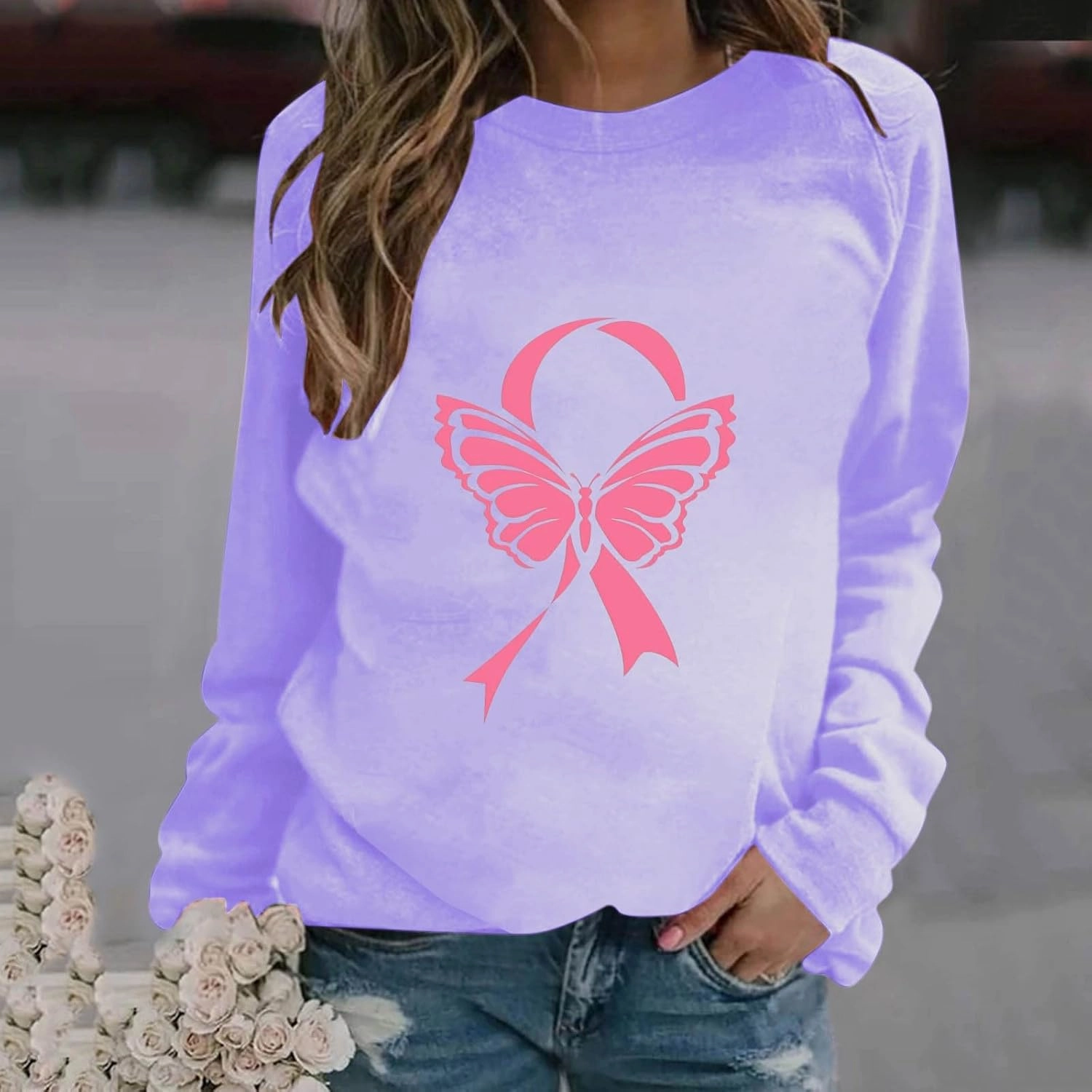 Women's Breast Cancer Awareness Top Long Sleeve Ribbon Butterfly Graphic Tee Crewneck Sweatshirts Casual Blouse 2024