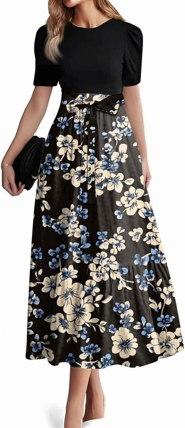 Women's Fashion Casual Belt Short Sleeve Round Neck Stitching Elegant Floral Pattern Vacation Corset Long Dresses