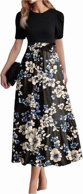Women's Fashion Casual Belt Short Sleeve Round Neck Stitching Elegant Floral Pattern Vacation Corset Long Dresses