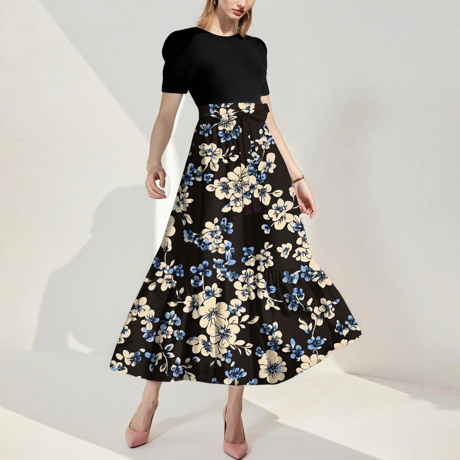 Women's Fashion Casual Belt Short Sleeve Round Neck Stitching Elegant Floral Pattern Vacation Corset Long Dresses