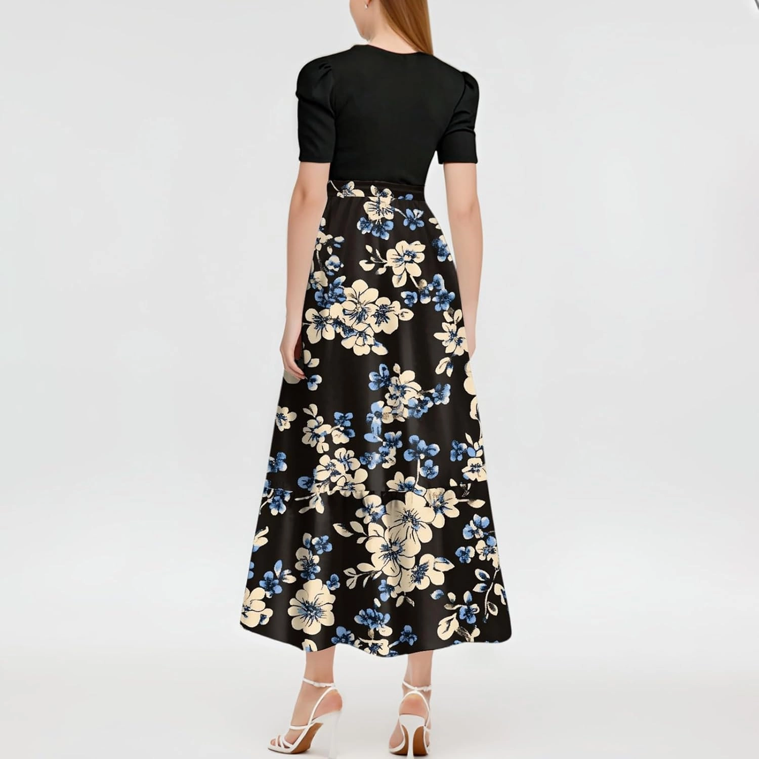 Women's Fashion Casual Belt Short Sleeve Round Neck Stitching Elegant Floral Pattern Vacation Corset Long Dresses