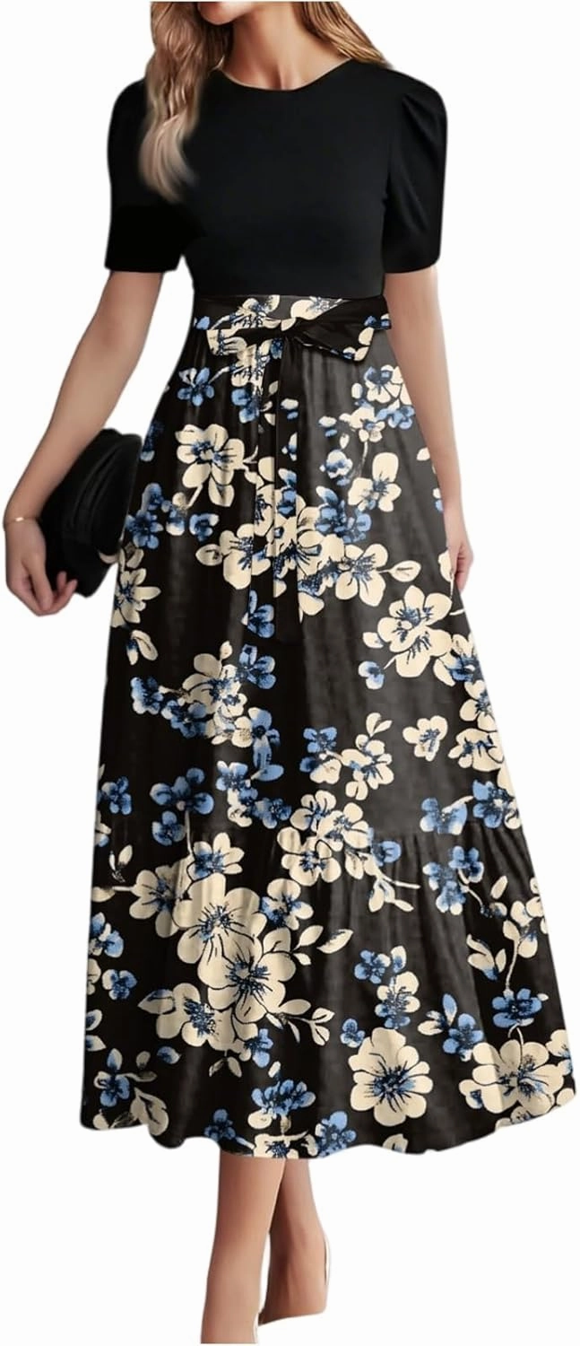 Women's Fashion Casual Belt Short Sleeve Round Neck Stitching Elegant Floral Pattern Vacation Corset Long Dresses