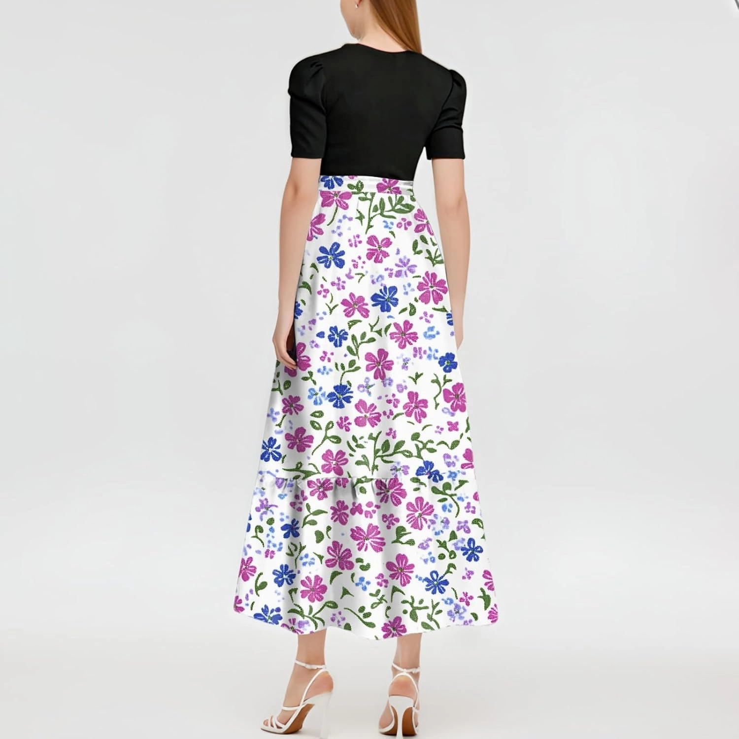 Women's Fashion Casual Belt Short Sleeve Round Neck Stitching Elegant Temperament Vacation Corset Long Dresses