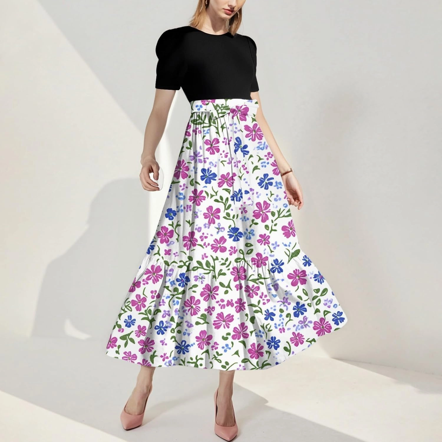 Women's Fashion Casual Belt Short Sleeve Round Neck Stitching Elegant Temperament Vacation Corset Long Dresses