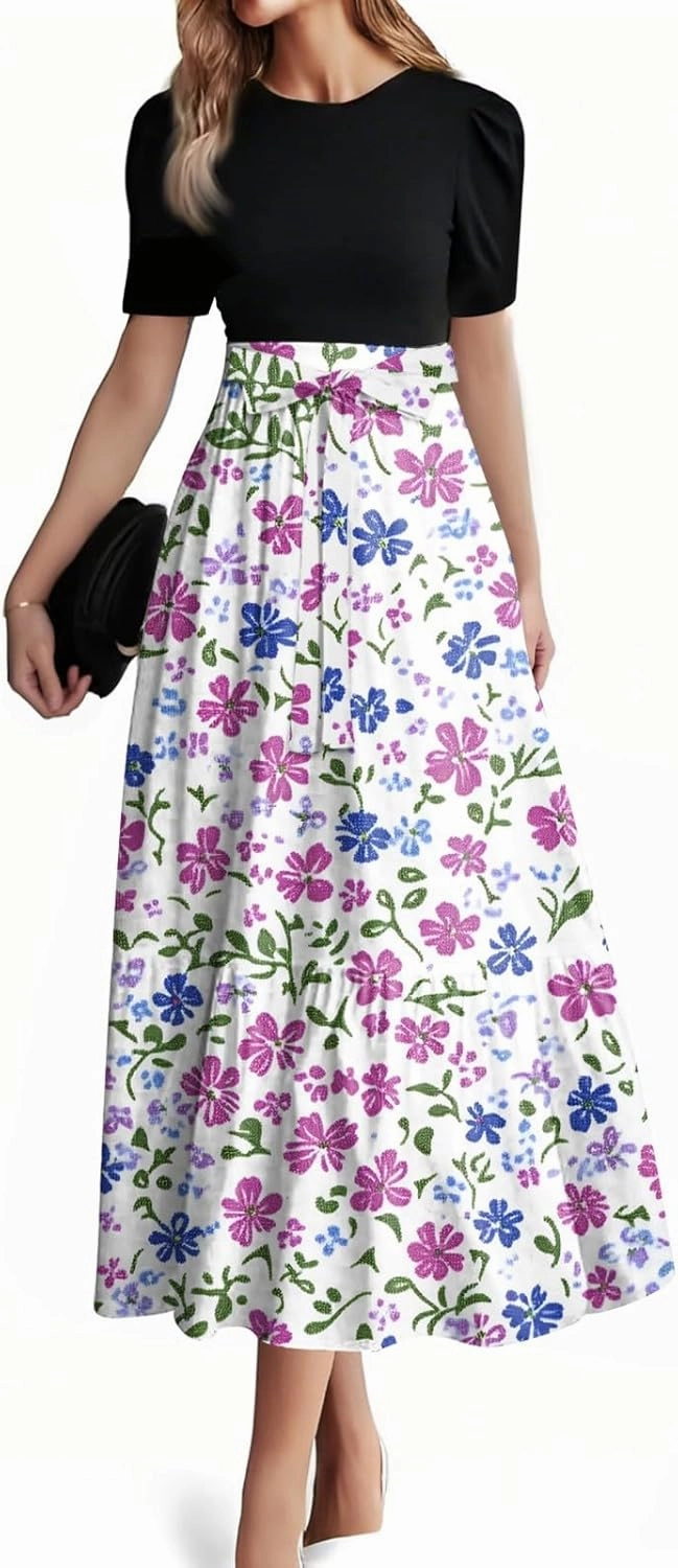 Women's Fashion Casual Belt Short Sleeve Round Neck Stitching Elegant Temperament Vacation Corset Long Dresses