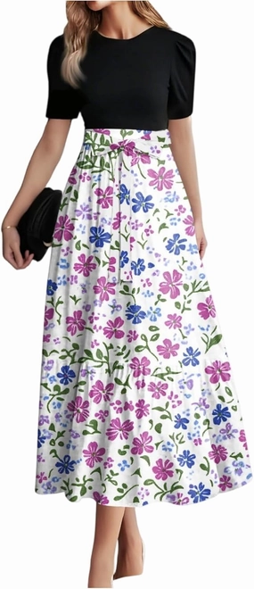 Women's Fashion Casual Belt Short Sleeve Round Neck Stitching Elegant Temperament Vacation Corset Long Dresses