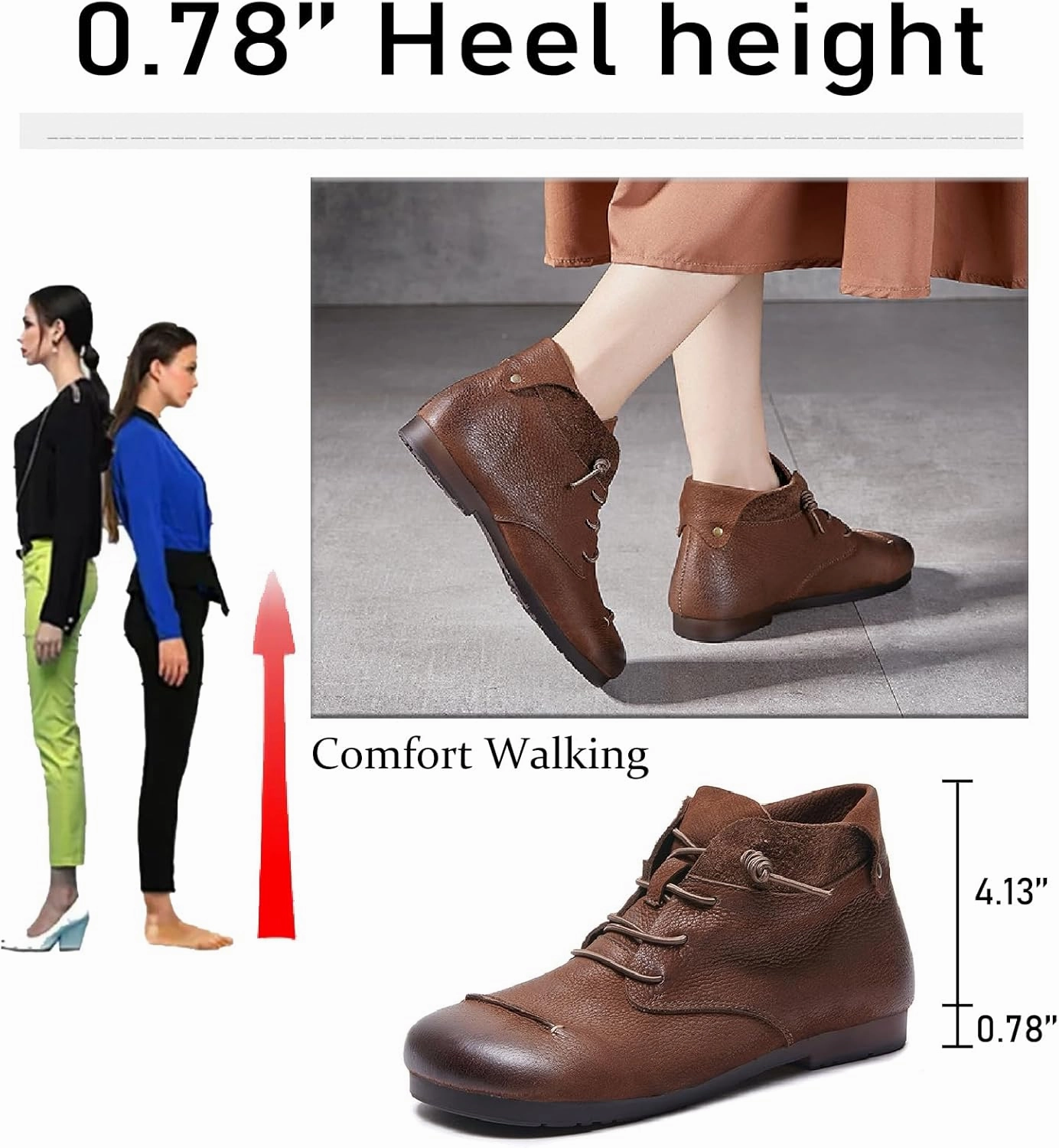 Women's Genuine Leather Flat Ankle Boots Retro Comfortable Round Toe Elastic Lace-up Anti-slip Soft Bottom Low Heel Booties Casual Office Soft Walking Boots