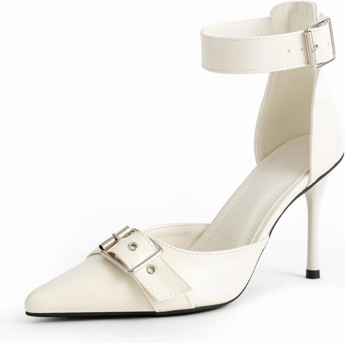 Women's Leather Buckle Strap Stiletto Pumps with Adjust Ankle Strap Sexy Closed Pointed Toe Comfortable High Heels Dress Shoes for Wedding Party Office D'Orsay Shoes
