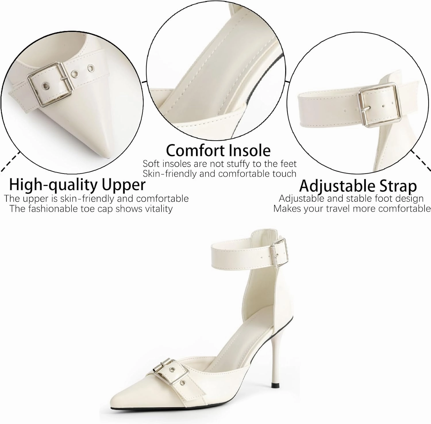 Women's Leather Buckle Strap Stiletto Pumps with Adjust Ankle Strap Sexy Closed Pointed Toe Comfortable High Heels Dress Shoes for Wedding Party Office D'Orsay Shoes