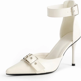Women's Leather Buckle Strap Stiletto Pumps with Adjust Ankle Strap Sexy Closed Pointed Toe Comfortable High Heels Dress Shoes for Wedding Party Office D'Orsay Shoes
