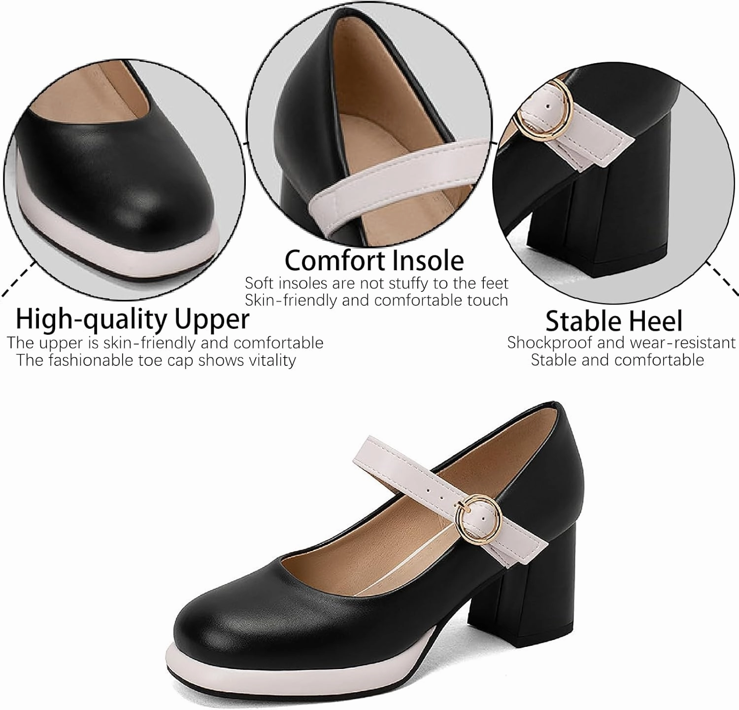 Women's Leather Platform Mary Janes Pumps with Adjust Buckle Strap Retro Comfortable Round Toe Stack Chunky Heels Dress Shoes for Party Prom Date Uniform Shoes