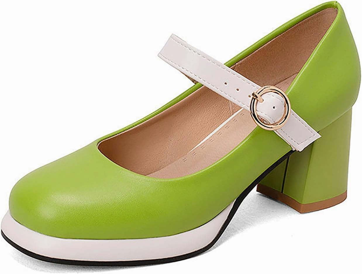 Women's Leather Platform Mary Janes Pumps with Adjust Buckle Strap Retro Comfortable Round Toe Stack Chunky Heels Dress Shoes for Party Prom Date Uniform Shoes