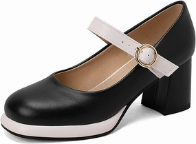 Women's Leather Platform Mary Janes Pumps with Adjust Buckle Strap Retro Comfortable Round Toe Stack Chunky Heels Dress Shoes for Party Prom Date Uniform Shoes