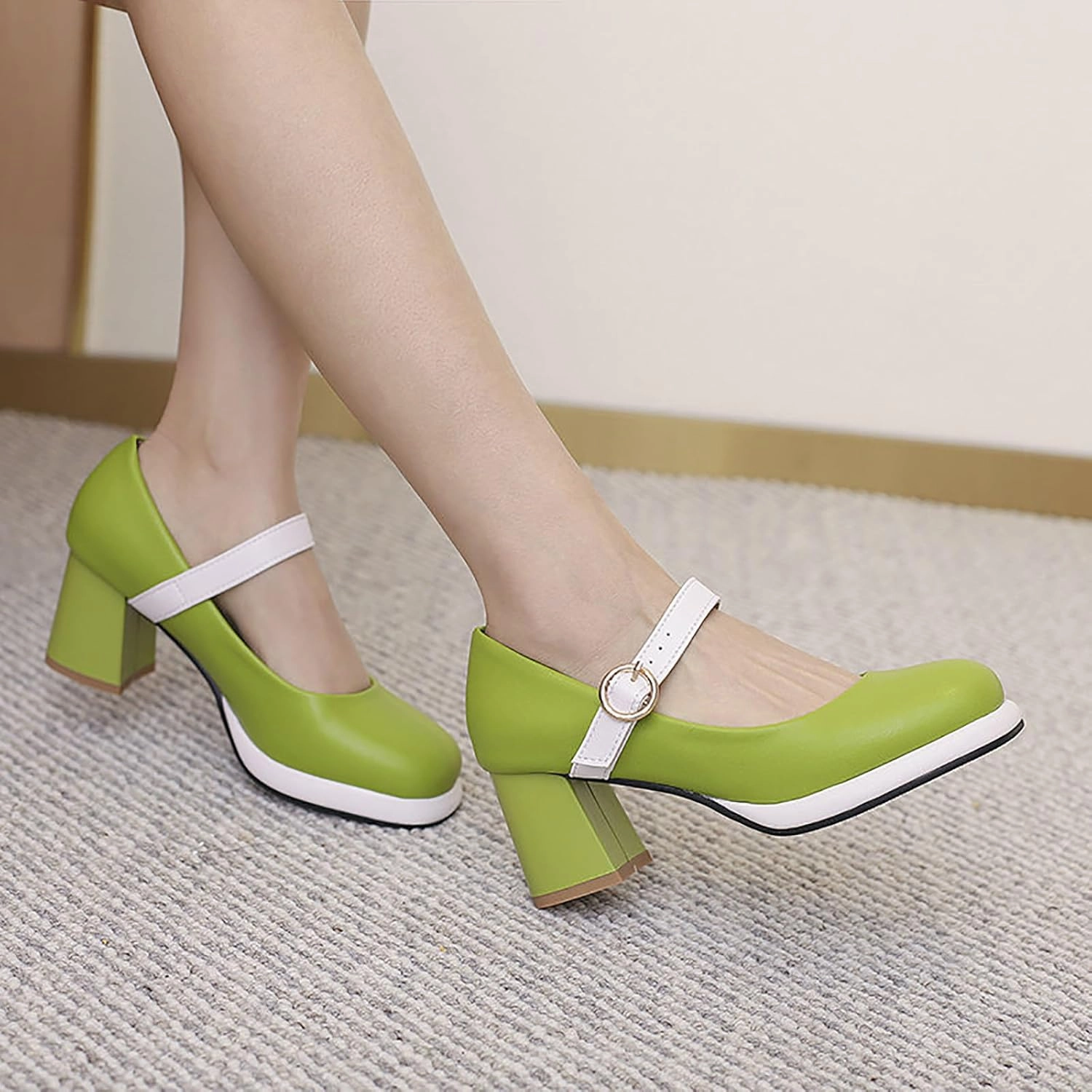 Women's Leather Platform Mary Janes Pumps with Adjust Buckle Strap Retro Comfortable Round Toe Stack Chunky Heels Dress Shoes for Party Prom Date Uniform Shoes