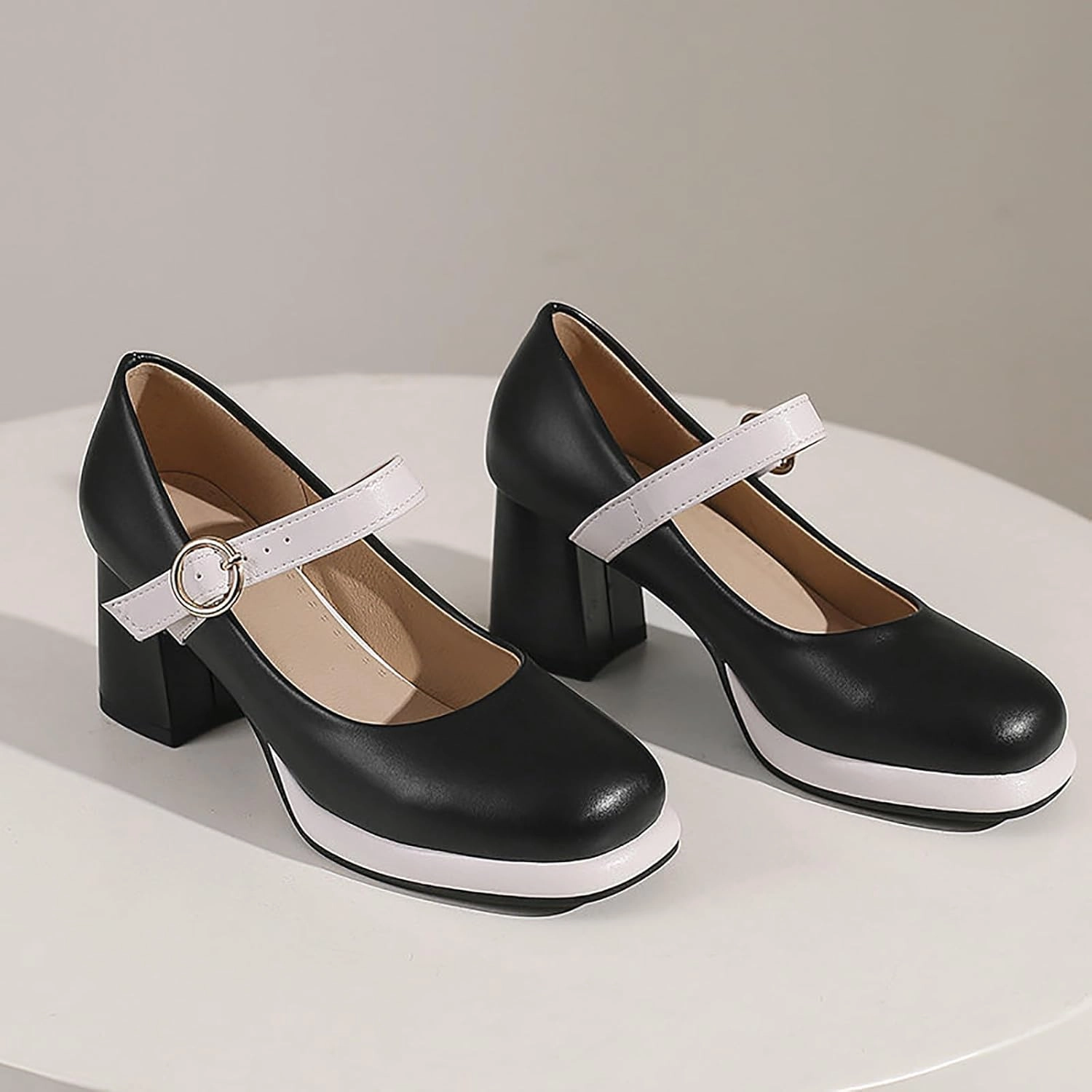 Women's Leather Platform Mary Janes Pumps with Adjust Buckle Strap Retro Comfortable Round Toe Stack Chunky Heels Dress Shoes for Party Prom Date Uniform Shoes
