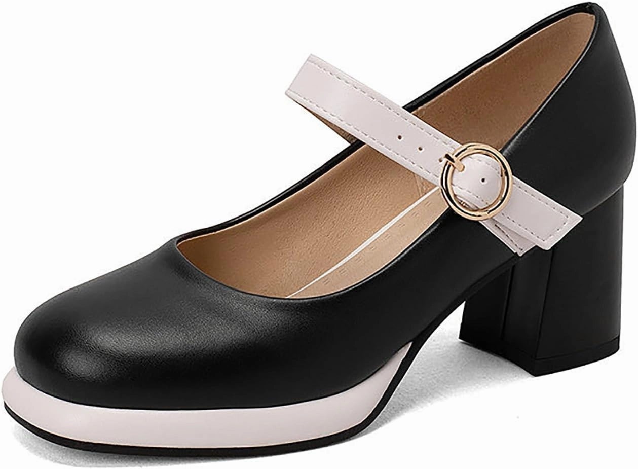 Women's Leather Platform Mary Janes Pumps with Adjust Buckle Strap Retro Comfortable Round Toe Stack Chunky Heels Dress Shoes for Party Prom Date Uniform Shoes