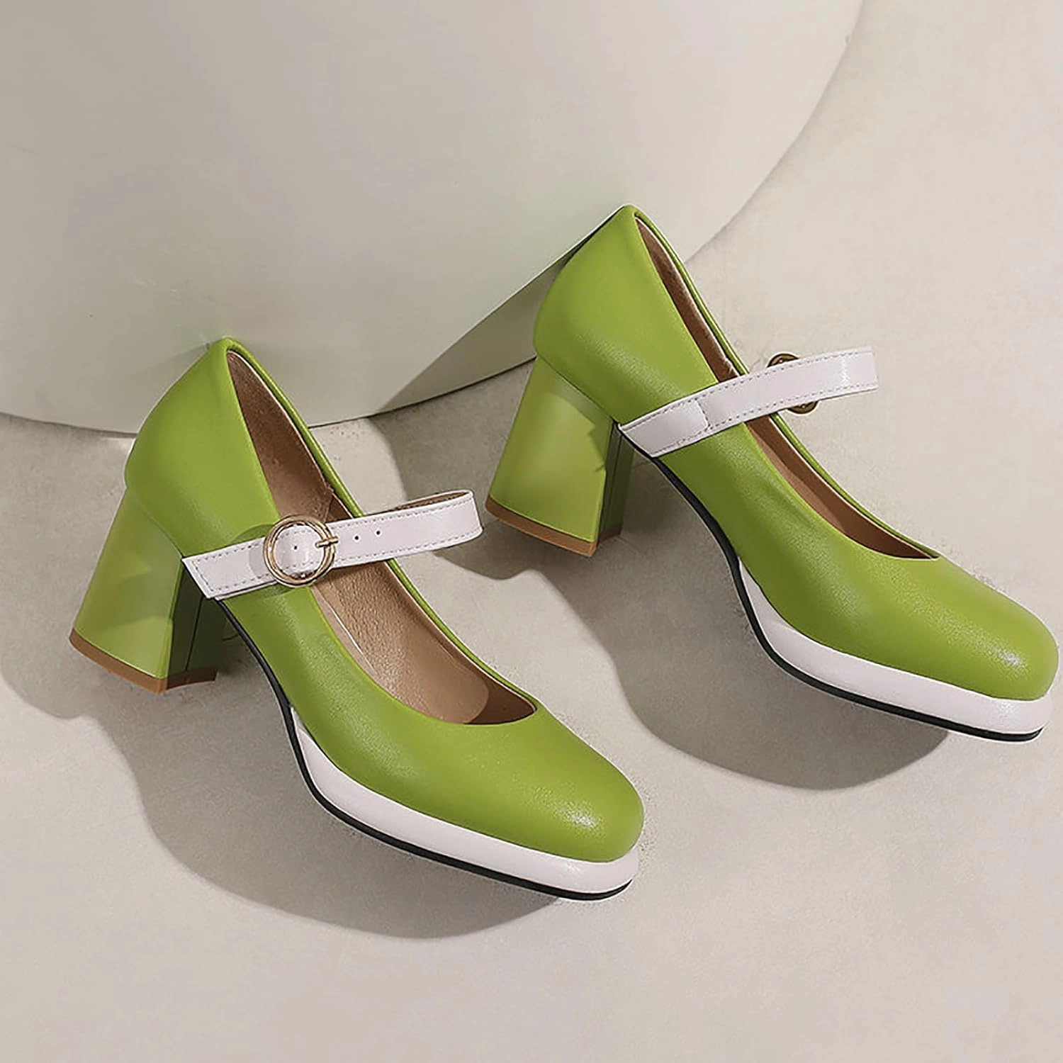 Women's Leather Platform Mary Janes Pumps with Adjust Buckle Strap Retro Comfortable Round Toe Stack Chunky Heels Dress Shoes for Party Prom Date Uniform Shoes