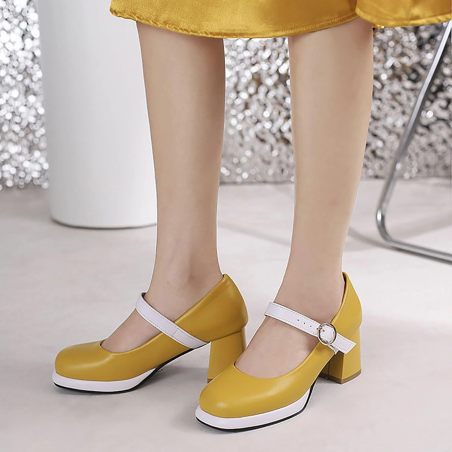 Women's Leather Platform Mary Janes Pumps with Adjust Buckle Strap Retro Comfortable Round Toe Stack Chunky Heels Dress Shoes for Party Prom Date Uniform Shoes