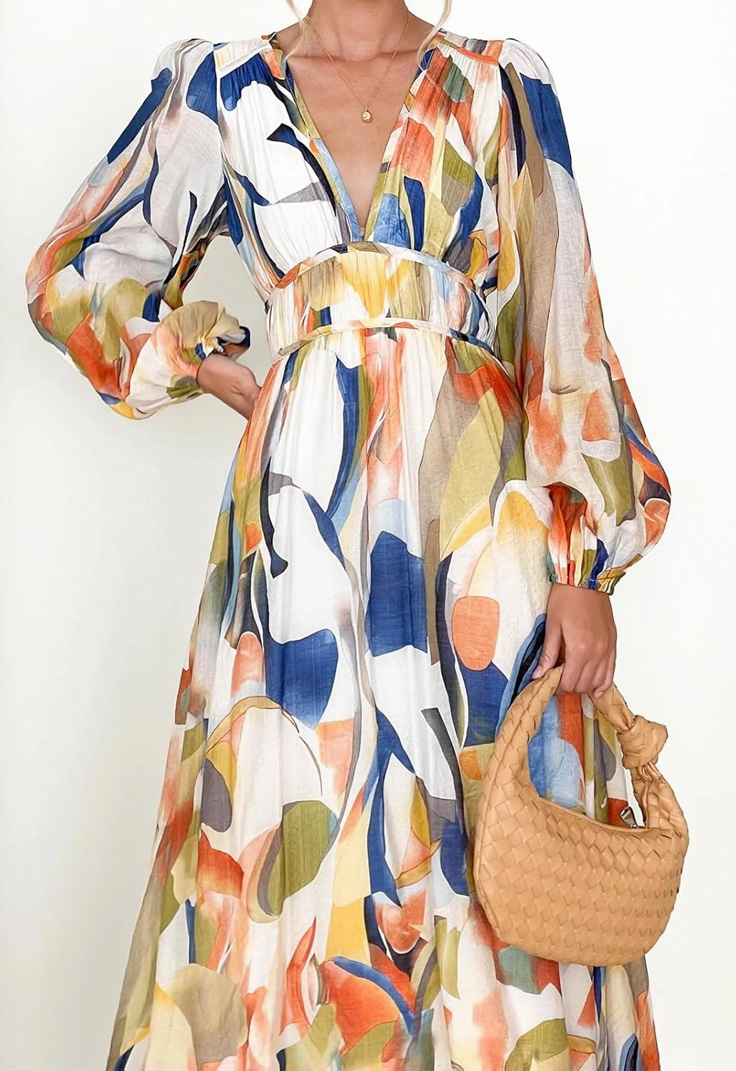 Women's Long Sleeve Boho Maxi Dress Floral Print Long Dress Pink Print