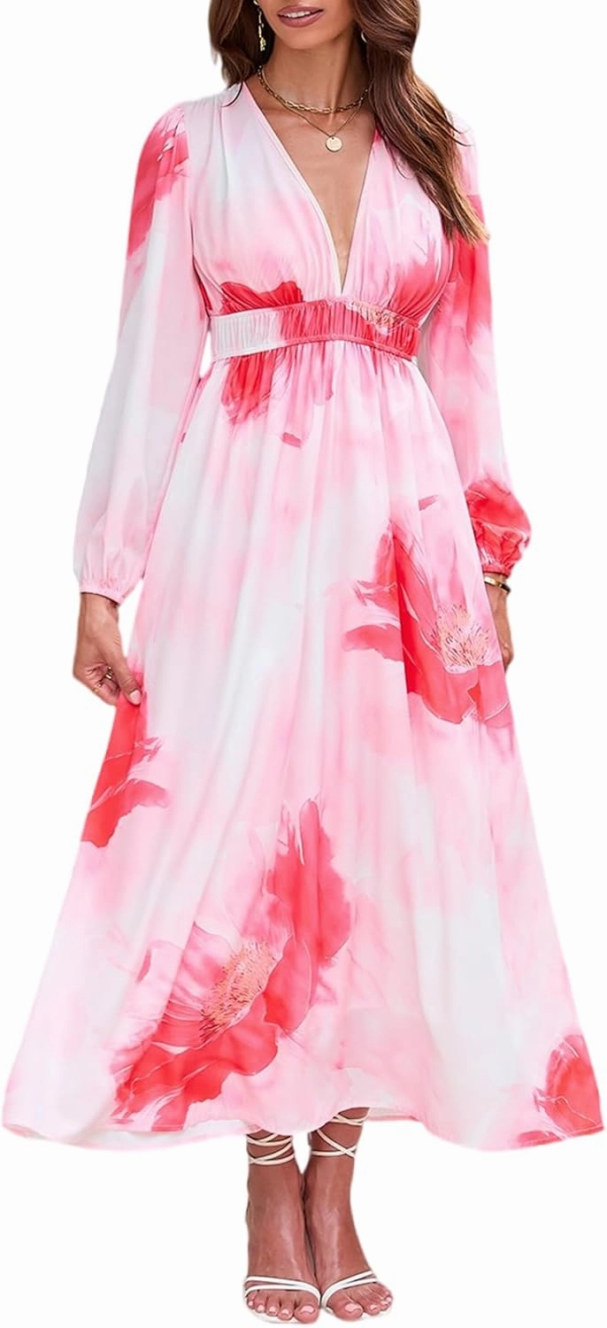 Women's Long Sleeve Boho Maxi Dress Floral Print Long Dress Pink Print