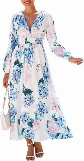 Women's Long Sleeve Boho Maxi Dress Floral Print Long Dress Pink Print