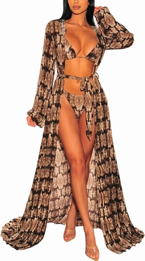 Women's Sexy Thin Mesh Long Sleeve Tie Front Swimsuit Swim Beach Maxi Cover Up Dress
