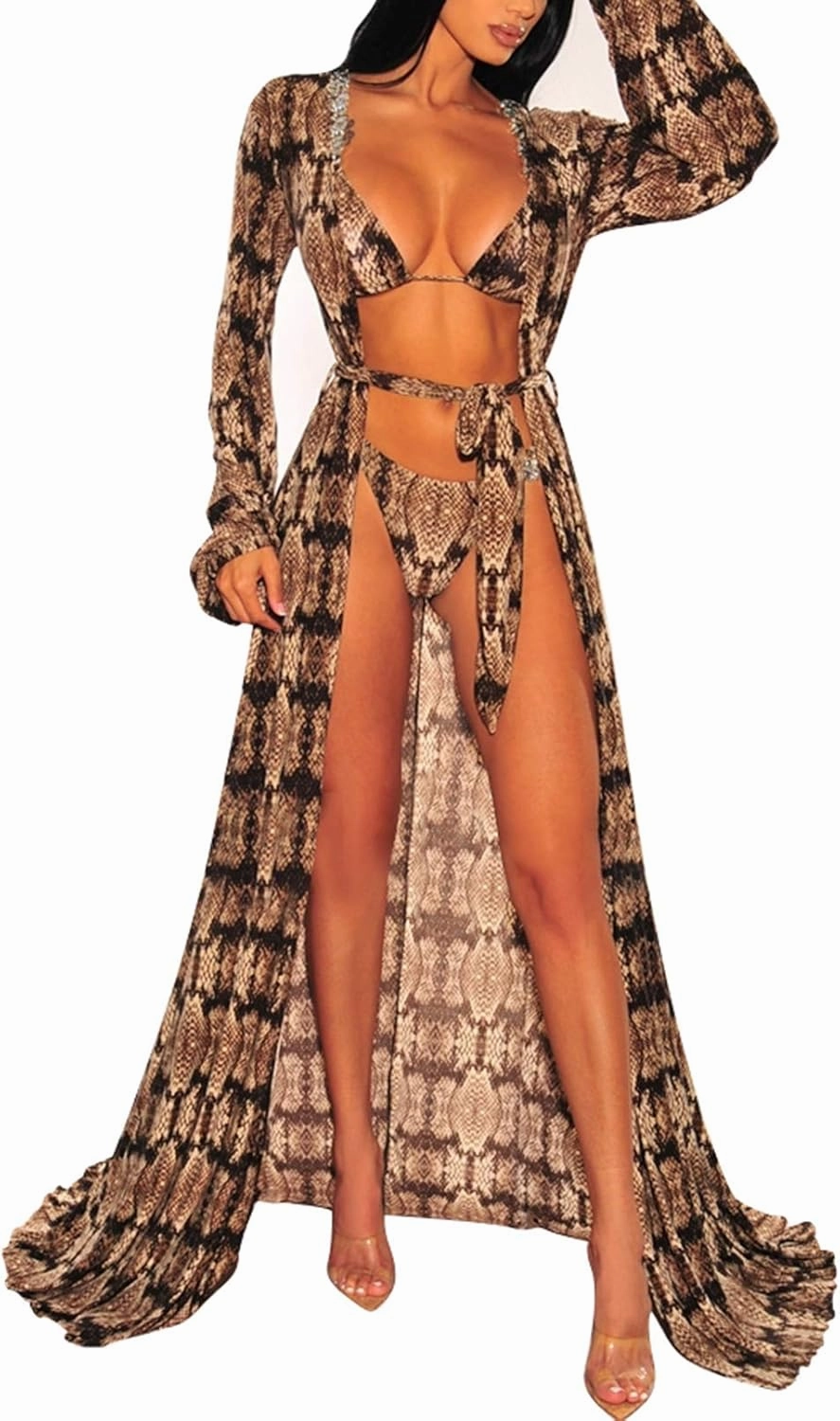 Women's Sexy Thin Mesh Long Sleeve Tie Front Swimsuit Swim Beach Maxi Cover Up Dress