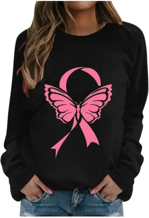 Women's Breast Cancer Awareness Top Long Sleeve Ribbon Butterfly Graphic Tee Crewneck Sweatshirts Casual Blouse 2024