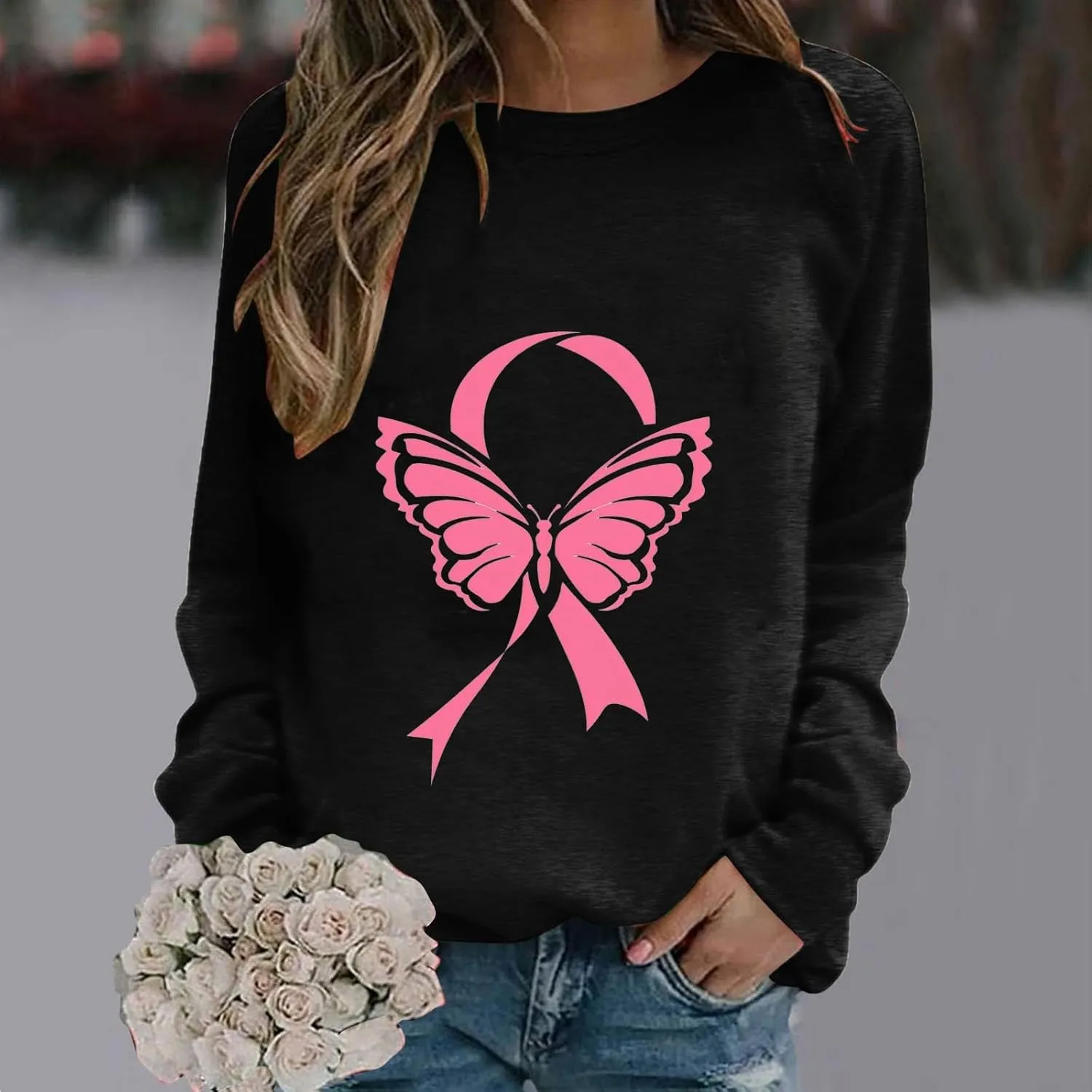 Women's Breast Cancer Awareness Top Long Sleeve Ribbon Butterfly Graphic Tee Crewneck Sweatshirts Casual Blouse 2024