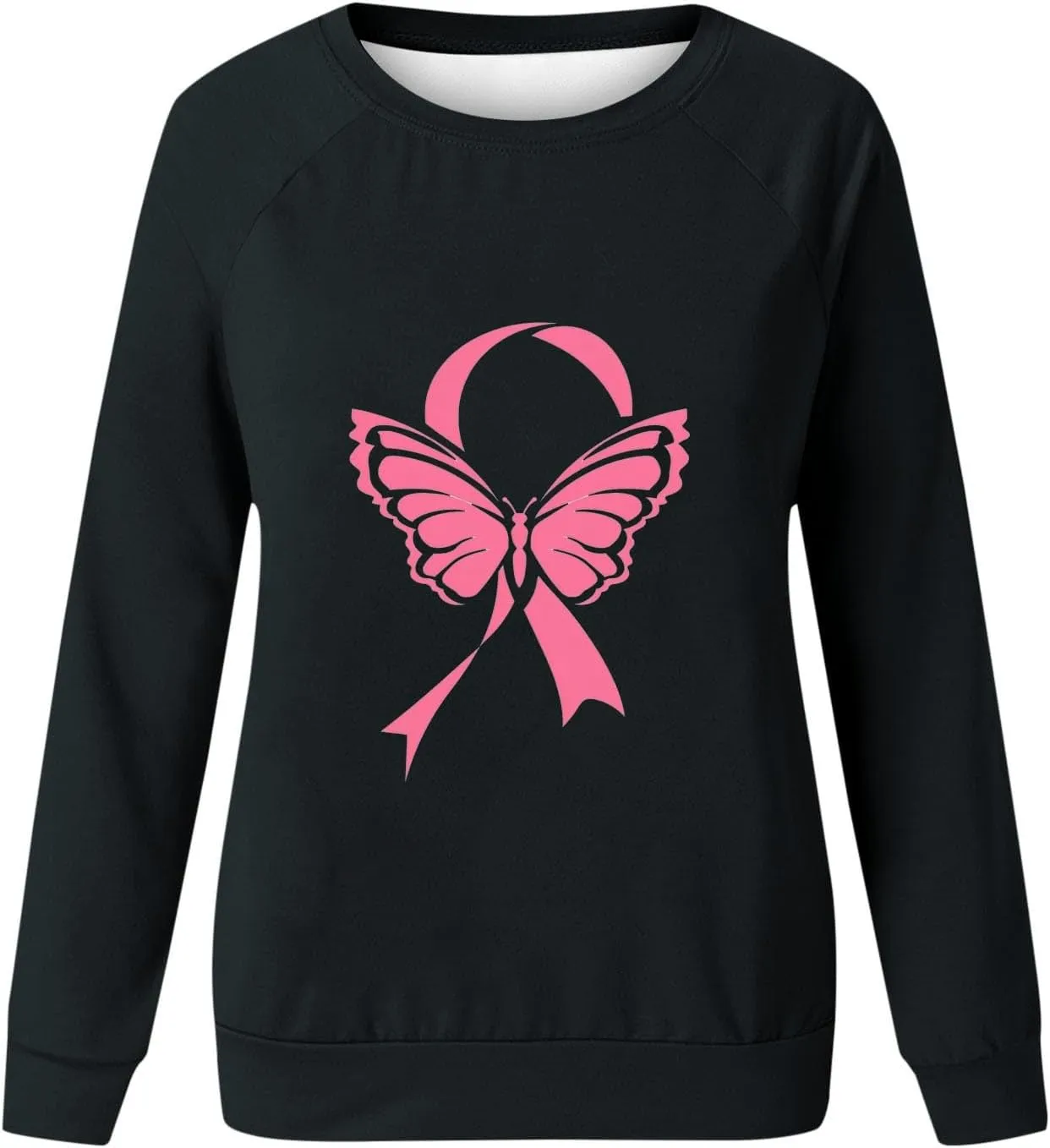 Women's Breast Cancer Awareness Top Long Sleeve Ribbon Butterfly Graphic Tee Crewneck Sweatshirts Casual Blouse 2024