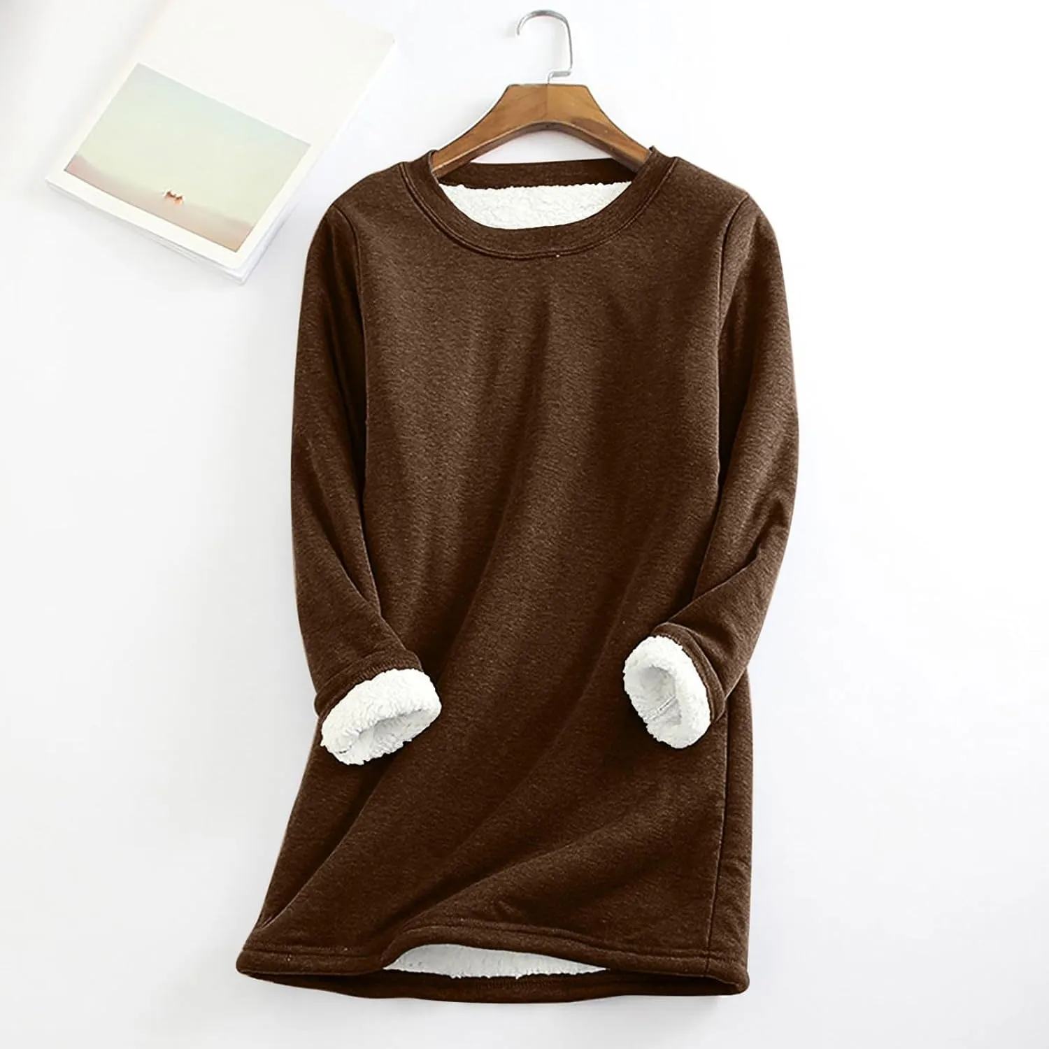 Womens Fall Winter Shirts 2023 Long Sleeve Crewneck Solid Sweatshirt Pullover Thickened and Lamb Wool Warm Clothes