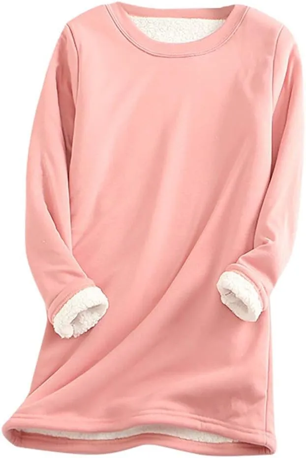 Womens Fall Winter Shirts 2023 Long Sleeve Crewneck Solid Sweatshirt Pullover Thickened and Lamb Wool Warm Clothes