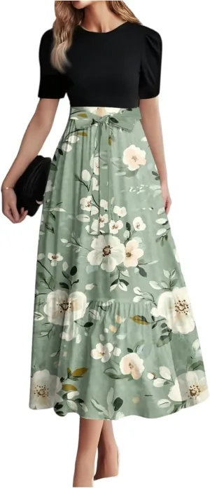 Women's Fashion Casual Belt Short Sleeve Round Neck Stitching Elegant Floral Pattern Vacation Corset Long Dresses