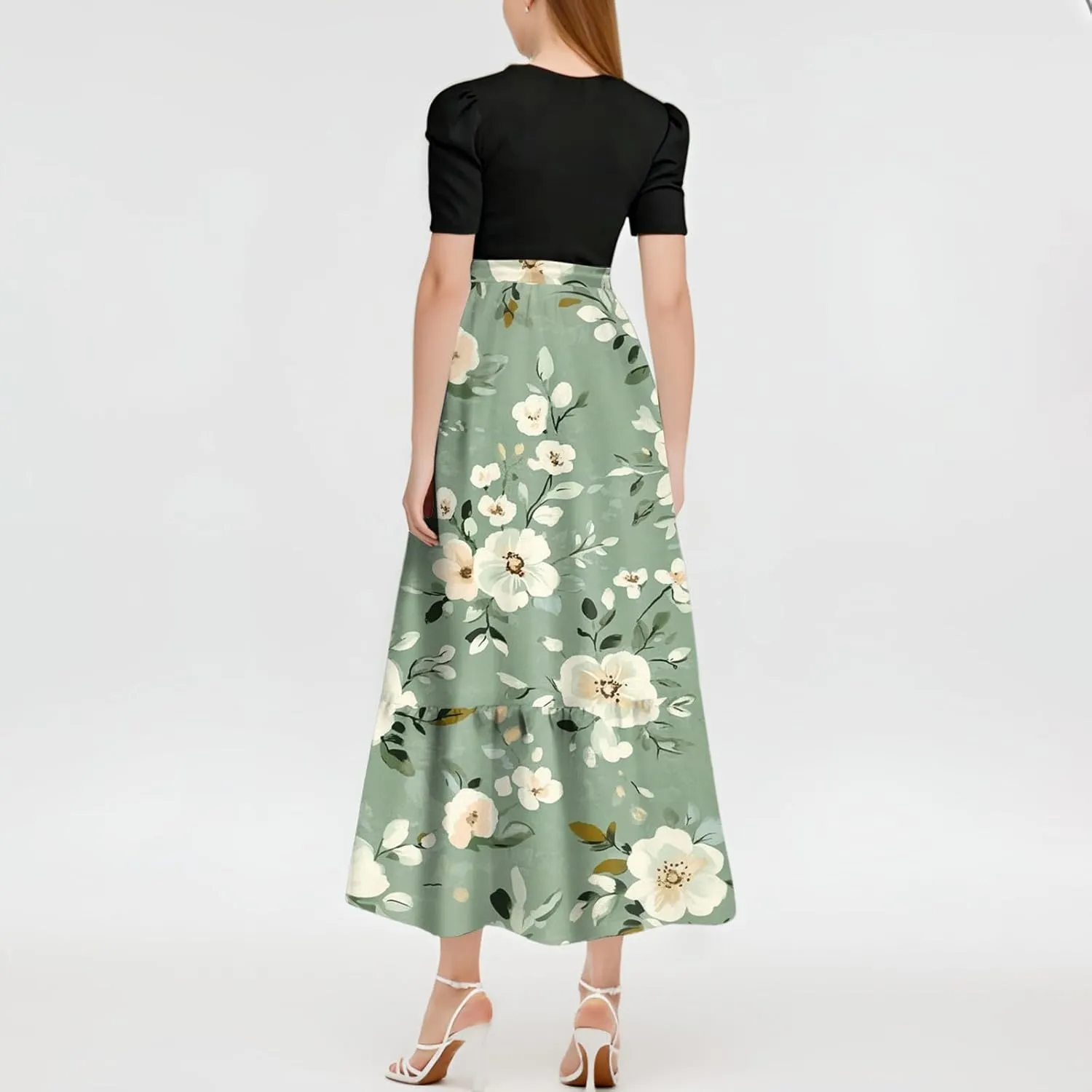 Women's Fashion Casual Belt Short Sleeve Round Neck Stitching Elegant Floral Pattern Vacation Corset Long Dresses