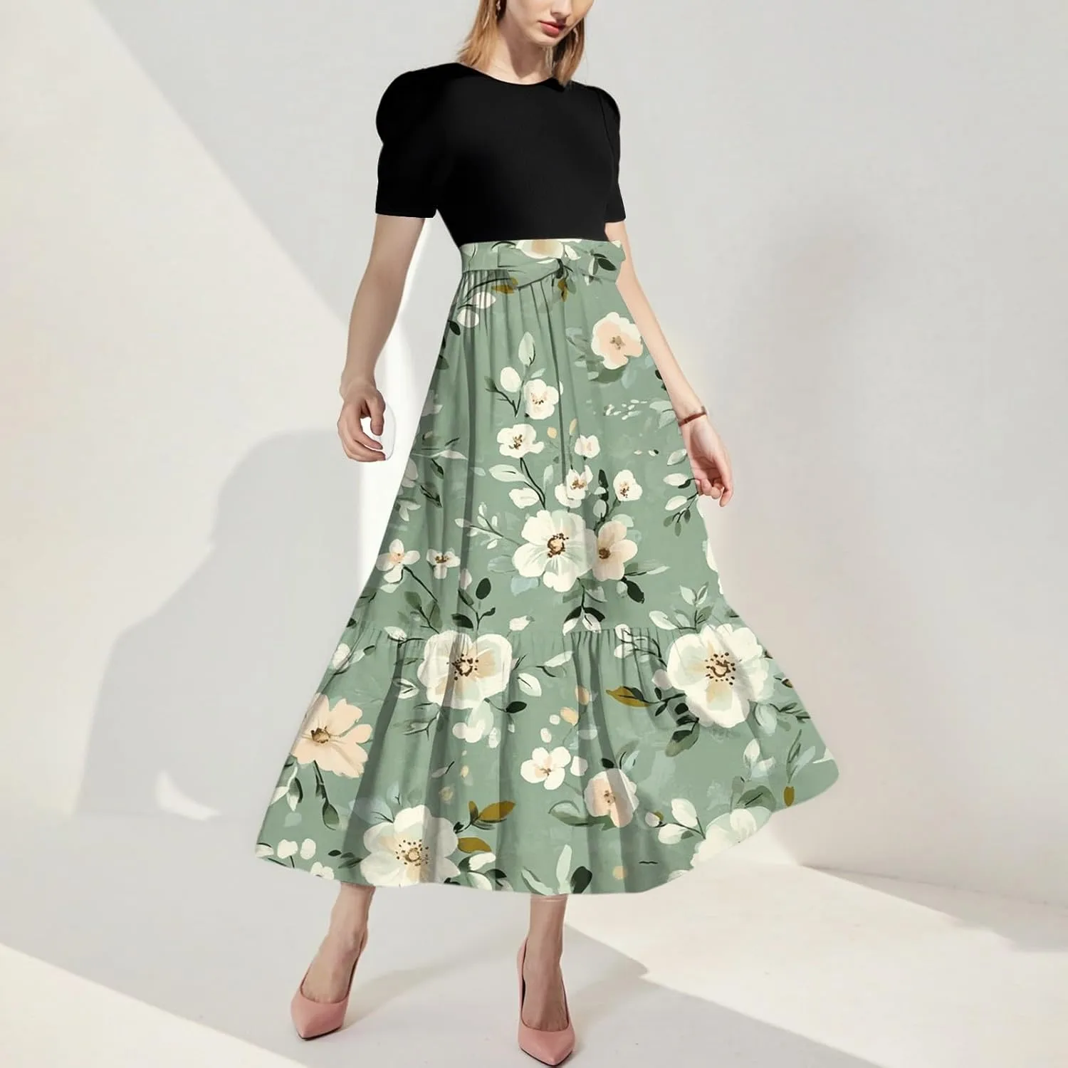 Women's Fashion Casual Belt Short Sleeve Round Neck Stitching Elegant Floral Pattern Vacation Corset Long Dresses
