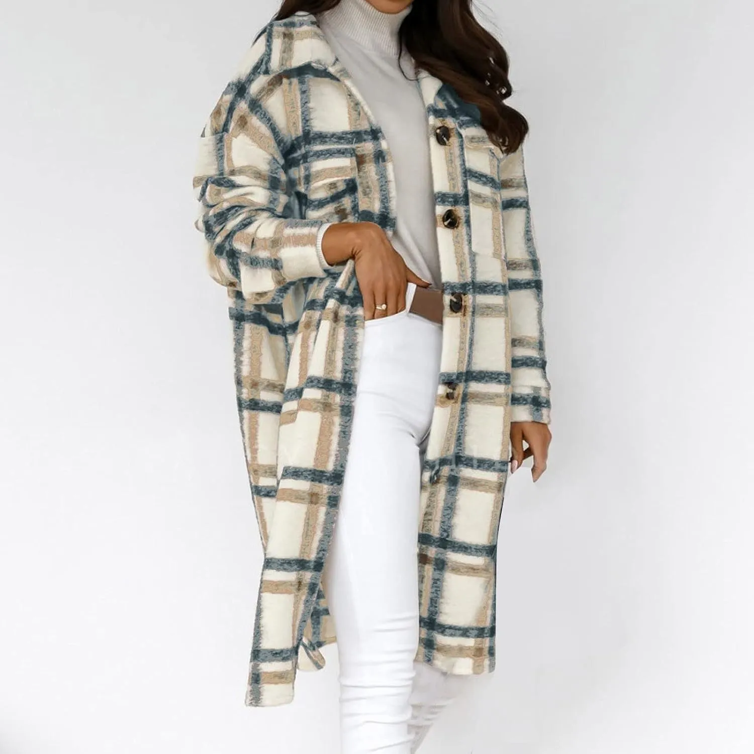 Womens Flannel Shacket Jacket Casual Long Sleeve Button Down Plaid Shirt Oversized Fall Winter Long Coats