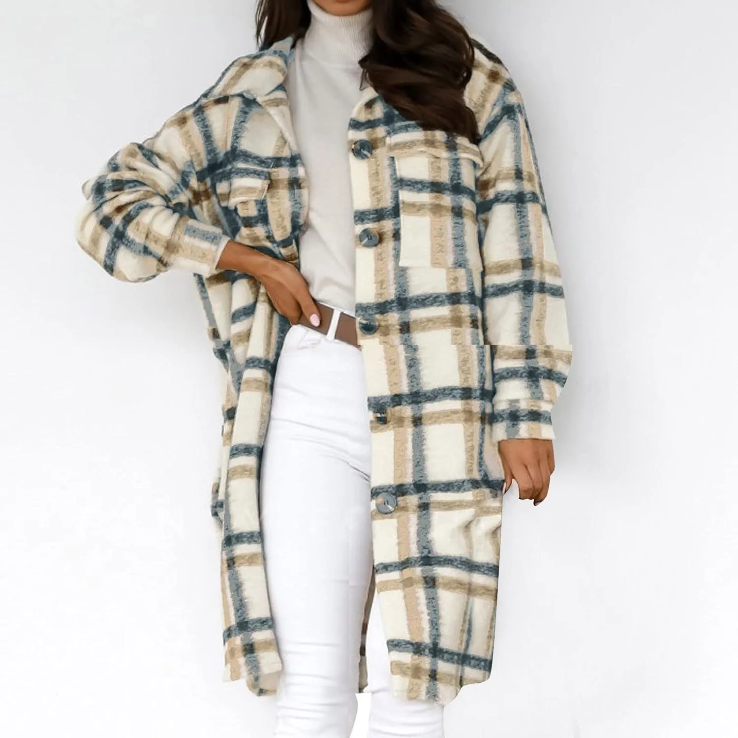 Womens Flannel Shacket Jacket Casual Long Sleeve Button Down Plaid Shirt Oversized Fall Winter Long Coats