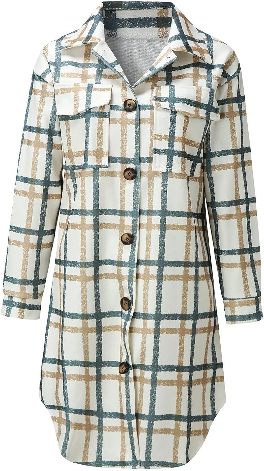 Womens Flannel Shacket Jacket Casual Long Sleeve Button Down Plaid Shirt Oversized Fall Winter Long Coats