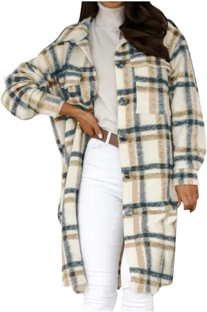 Womens Flannel Shacket Jacket Casual Long Sleeve Button Down Plaid Shirt Oversized Fall Winter Long Coats
