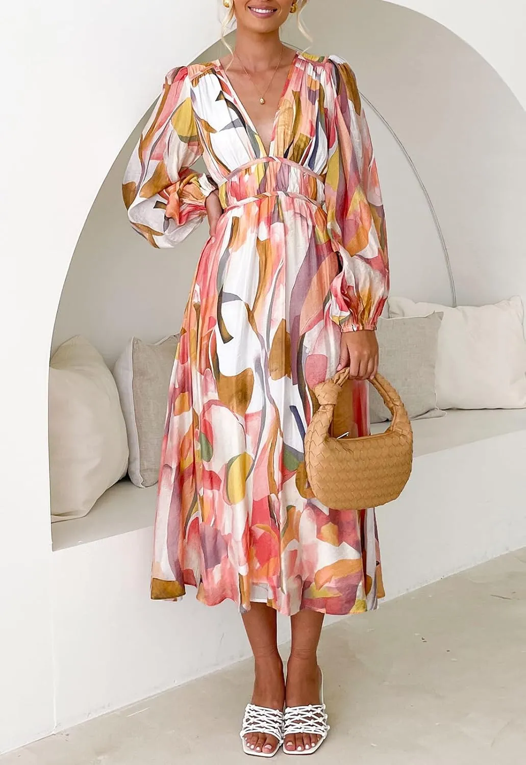 Women's Long Sleeve Boho Maxi Dress Floral Print Long Dress Pink Print