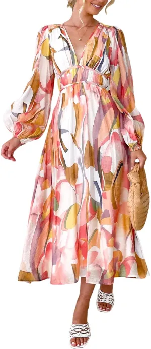 Women's Long Sleeve Boho Maxi Dress Floral Print Long Dress Pink Print