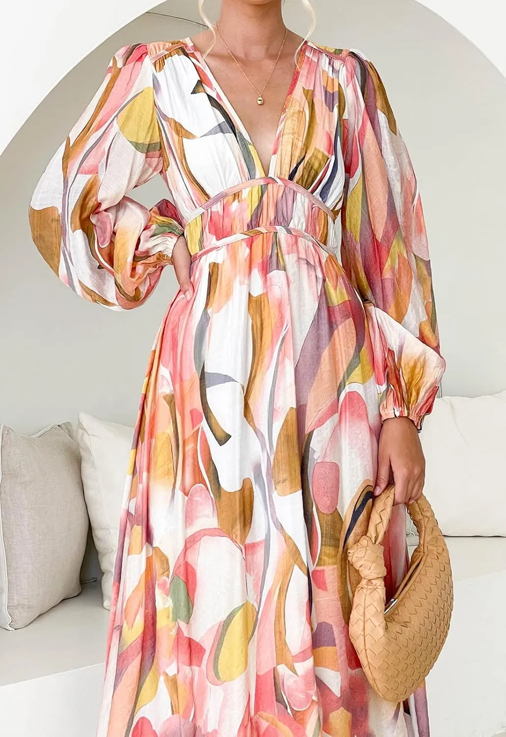 Women's Long Sleeve Boho Maxi Dress Floral Print Long Dress Pink Print