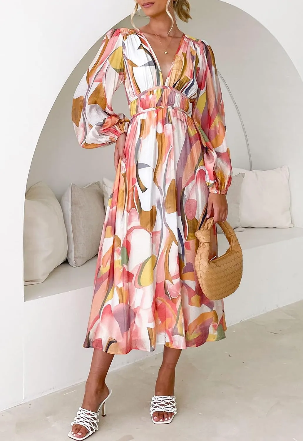 Women's Long Sleeve Boho Maxi Dress Floral Print Long Dress Pink Print