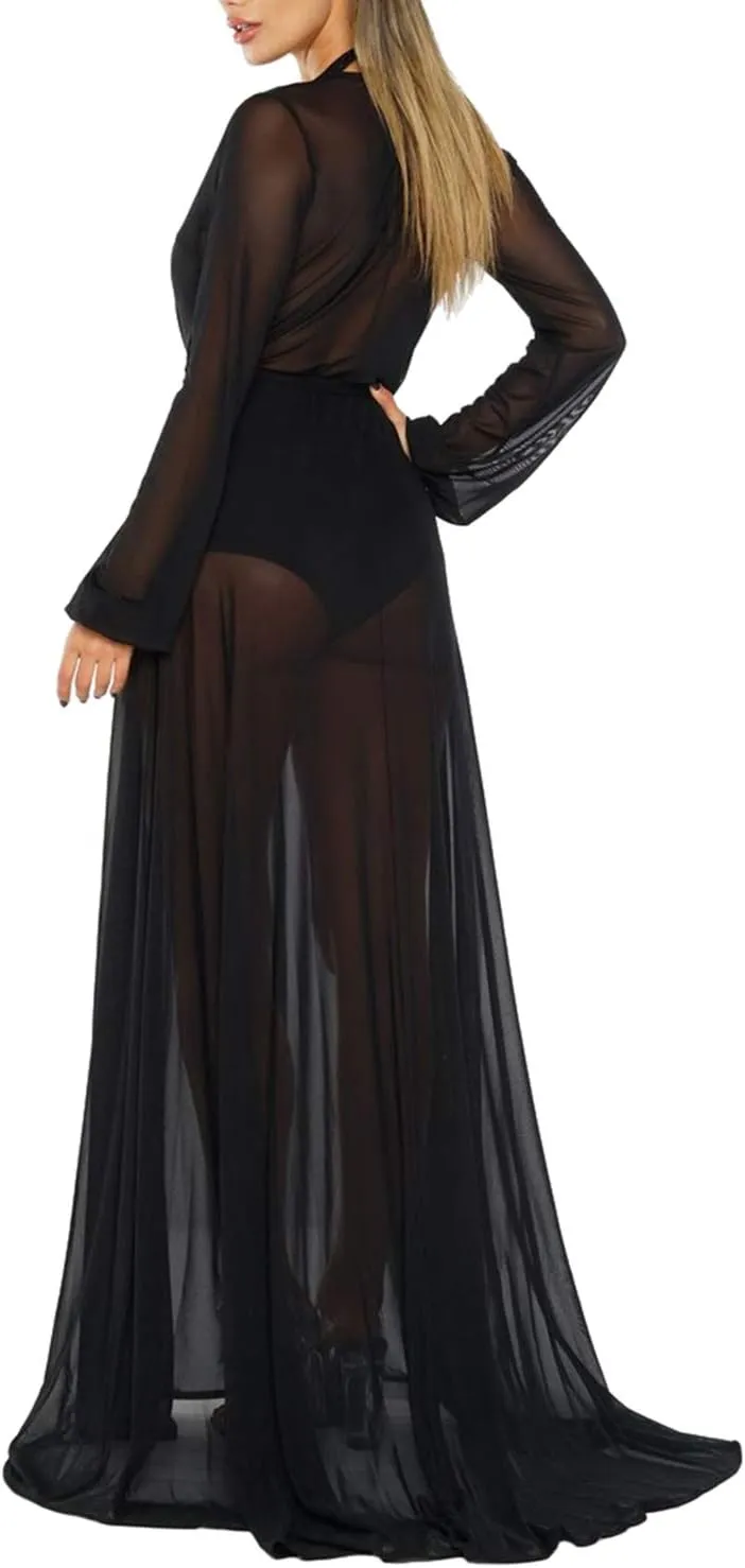 Women's Sexy Thin Mesh Long Sleeve Tie Front Swimsuit Swim Beach Maxi Cover Up Dress